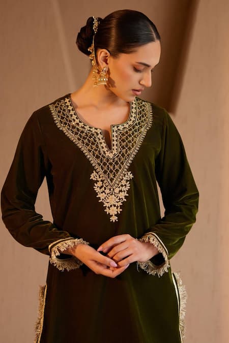 Nero India Embroidered Olive Velvet Kurta & Sharara Set 