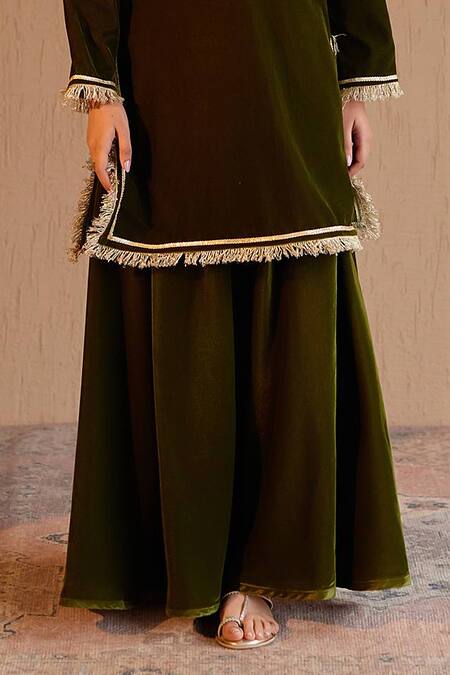 Nero India_Olive Green Velvet Embroidery Split V-neck Kurta And Sharara Set _Online_at_Aza_Fashions
