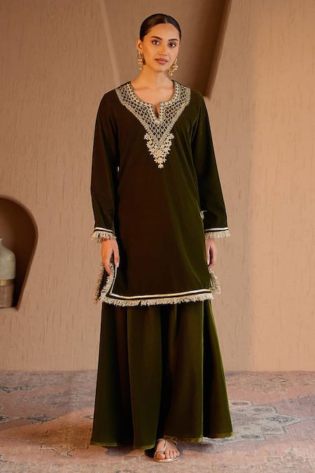 Nero India Olive Green Velvet Embroidery Split V-neck Kurta And Sharara Set 