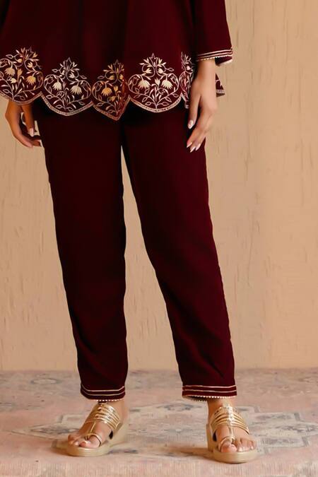 Buy_Nero India_Maroon Velvet Embroidery Round Neck Kurta Set _Online_at_Aza_Fashions