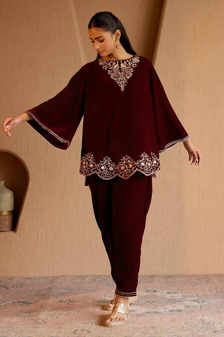 Shop_Nero India_Maroon Velvet Embroidery Round Neck Kurta Set _Online_at_Aza_Fashions