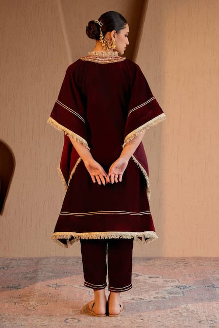 Shop Nero India Maroon Velvet Fringe V-neck Kurta Pant Set at Aza Fashions Shop_Nero India_Maroon Velvet Fringe V-neck Kurta Pant Set _at_Aza_Fashions