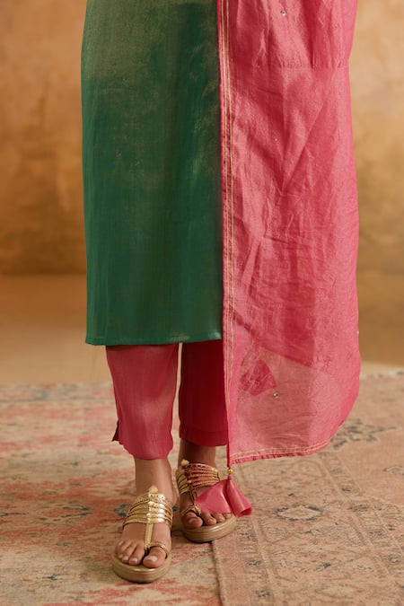 Nero India_Green Tissue Embroidery Square Neck Kurta Set _Online_at_Aza_Fashions