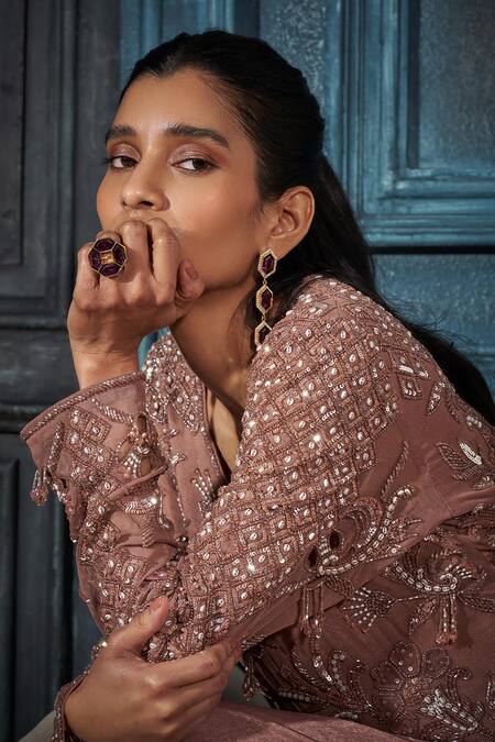 Rimple Agrawal_Rose Gold Georgette, Crepe Sequins, Embroidery V-neck Kurta Set _Online_at_Aza_Fashions