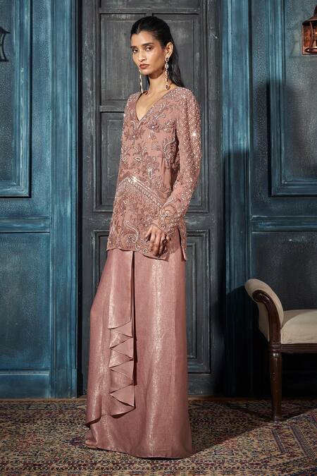 Buy_Rimple Agrawal_Rose Gold Georgette, Crepe Sequins, Embroidery V-neck Kurta Set _Online_at_Aza_Fashions