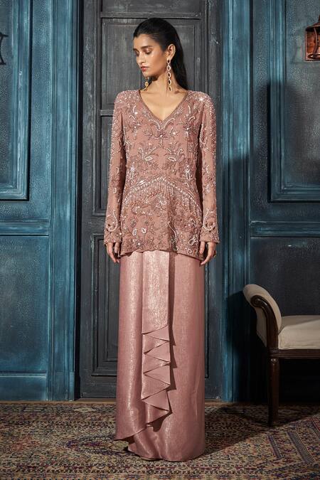 Shop_Rimple Agrawal_Rose Gold Georgette, Crepe Sequins, Embroidery V-neck Kurta Set _Online_at_Aza_Fashions