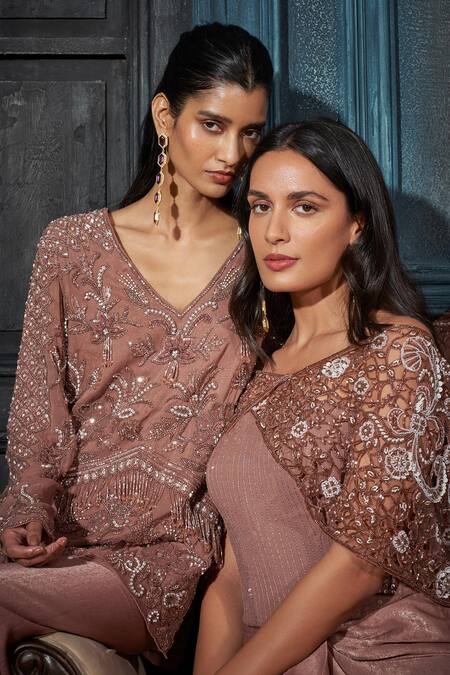 Buy_Rimple Agrawal_Rose Gold Georgette, Crepe Sequins, Embroidery V-neck Kurta Set 