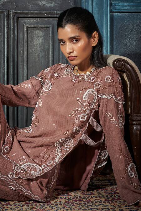 Shop Rimple Agrawal Rose Gold Embroidery, Sequins Round Neck Kurta Set Online at Aza Fashions Shop_Rimple Agrawal_Rose Gold Embroidery, Sequins Round Neck Kurta Set _Online_at_Aza_Fashions