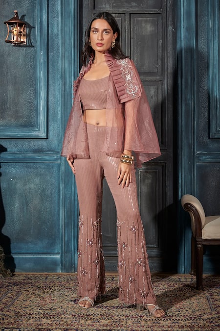Rimple Agrawal Rose Gold Organza Sequins, Embroidery Round Neck Cape And Pant Set 