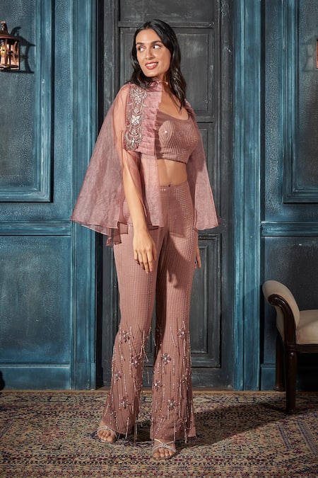 Rimple Agrawal_Rose Gold Organza Sequins, Embroidery Round Neck Cape And Pant Set _Online_at_Aza_Fashions