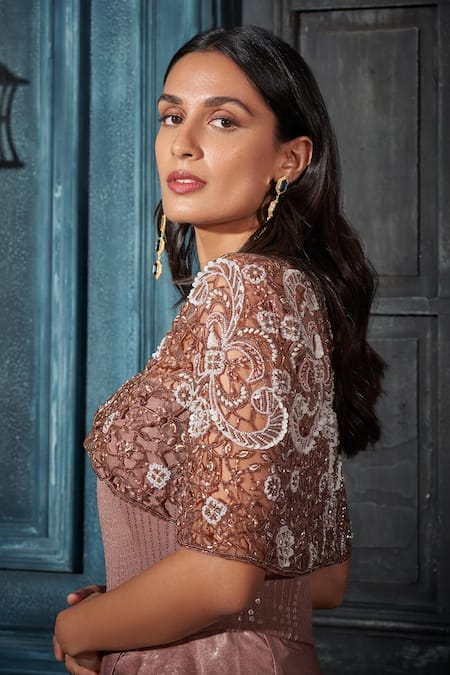 Rimple Agrawal Rose Gold Net, Crepe Sequins, Embroidery Round Neck Corset Cape Set Online at Aza Fashions Rimple Agrawal_Rose Gold Net, Crepe Sequins, Embroidery Round Neck Corset Cape Set _Online_at_Aza_Fashions