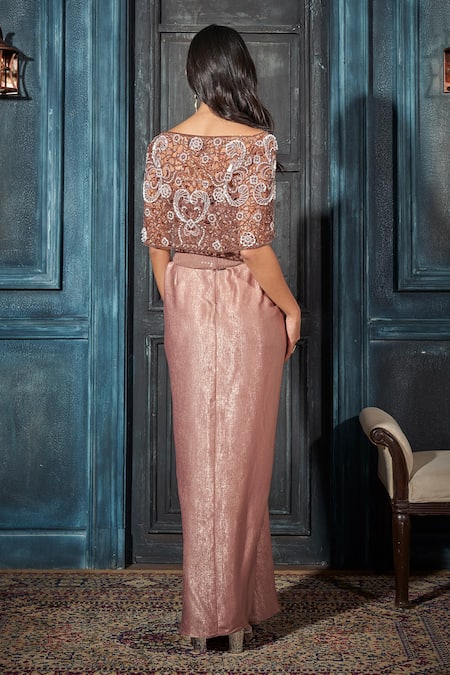 Rimple Agrawal Rose Gold Embroidered Corset Cape Set 