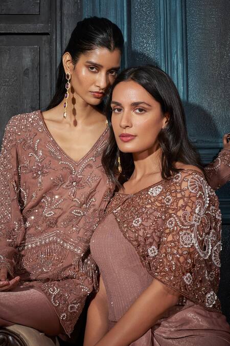 Shop Rimple Agrawal Rose Gold Net, Crepe Sequins, Embroidery Round Neck Corset Cape Set Online at Aza Fashions Shop_Rimple Agrawal_Rose Gold Net, Crepe Sequins, Embroidery Round Neck Corset Cape Set _Online_at_Aza_Fashions