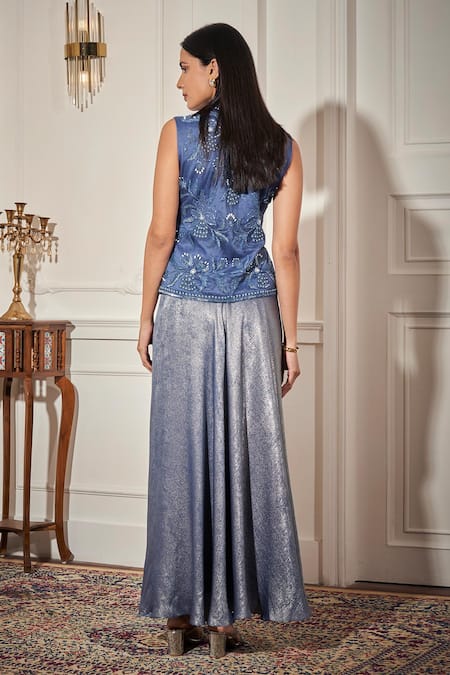 Rimple Agrawal Embroidered Blue Waistcoat & Draped Skirt Set 