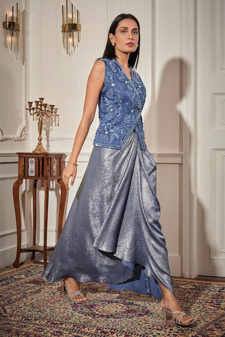 Shop_Rimple Agrawal_Blue Organza, Crepe Sequins, Embroidery V-neck Waistcoat And Draped Skirt Set _Online_at_Aza_Fashions