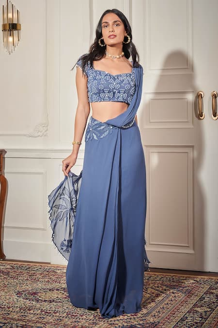 Rimple Agrawal Blue Georgette, Net Sequins, Beads Designer Pre-draped Saree And Blouse Set 
