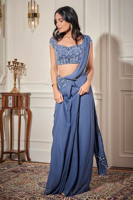 Rimple Agrawal_Blue Georgette, Net Sequins, Beads Designer Pre-draped Saree And Blouse Set _Online_at_Aza_Fashions