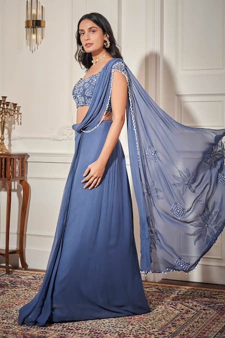 Buy_Rimple Agrawal_Blue Georgette, Net Sequins, Beads Designer Pre-draped Saree And Blouse Set _Online_at_Aza_Fashions