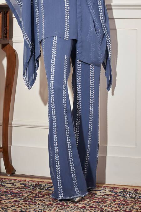 Rimple Agrawal_Blue Georgette, Satin Embroidery, Beads Keyhole , Round Kaftan Set _Online_at_Aza_Fashions