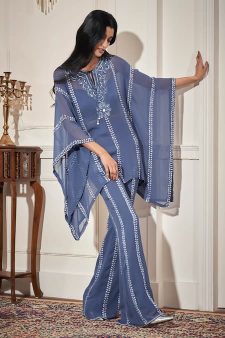 Shop_Rimple Agrawal_Blue Georgette, Satin Embroidery, Beads Keyhole , Round Kaftan Set _Online_at_Aza_Fashions