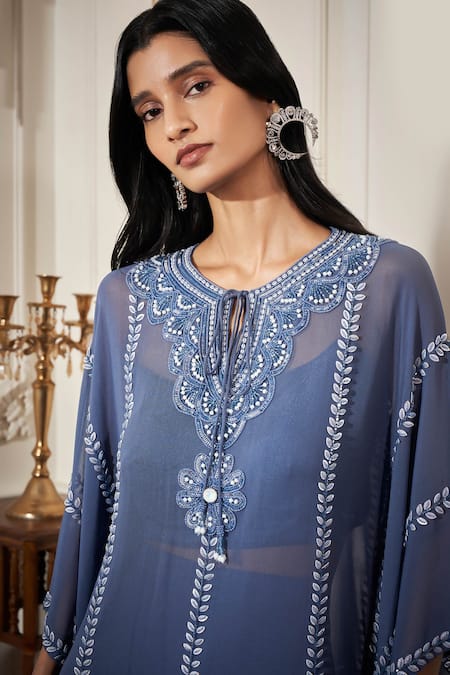 Rimple Agrawal_Blue Georgette, Satin Embroidery, Beads Keyhole , Round Kaftan Set _at_Aza_Fashions