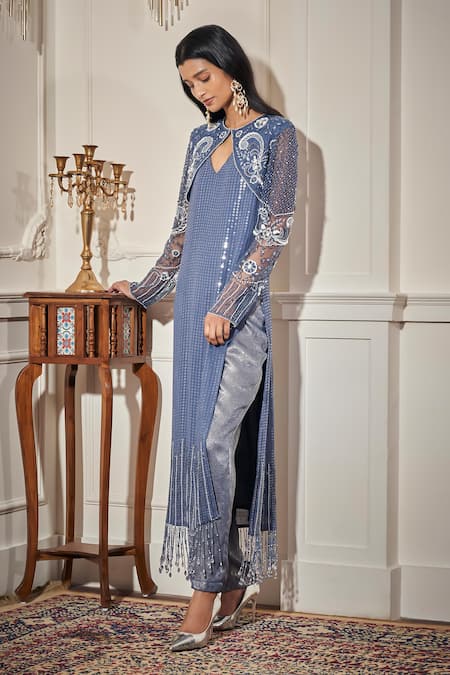 Rimple Agrawal Blue Net Sequins, Embroidery Keyhole Neck Kurta Set With Cape Online at Aza Fashions Rimple Agrawal_Blue Net Sequins, Embroidery Keyhole Neck Kurta Set With Cape _Online_at_Aza_Fashions