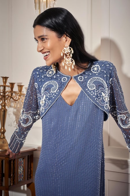 Buy Rimple Agrawal Blue Net Sequins, Embroidery Keyhole Neck Kurta Set With Cape Online at Aza Fashions Buy_Rimple Agrawal_Blue Net Sequins, Embroidery Keyhole Neck Kurta Set With Cape _Online_at_Aza_Fashions