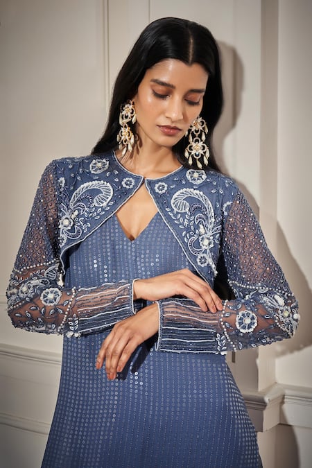 Shop Rimple Agrawal Blue Net Sequins, Embroidery Keyhole Neck Kurta Set With Cape Online at Aza Fashions Shop_Rimple Agrawal_Blue Net Sequins, Embroidery Keyhole Neck Kurta Set With Cape _Online_at_Aza_Fashions