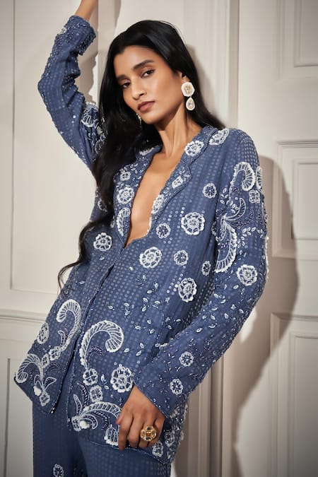 Buy_Rimple Agrawal_Blue Satin Sequins Plunge Neck Designer Embellished Pant Set _Online_at_Aza_Fashions