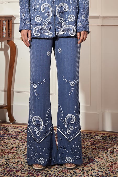 Shop_Rimple Agrawal_Blue Satin Sequins Plunge Neck Designer Embellished Pant Set _Online_at_Aza_Fashions