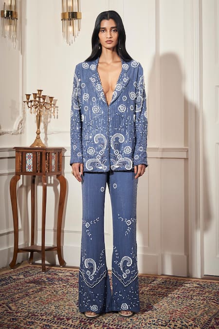 Rimple Agrawal_Blue Satin Sequins Plunge Neck Designer Embellished Pant Set _at_Aza_Fashions