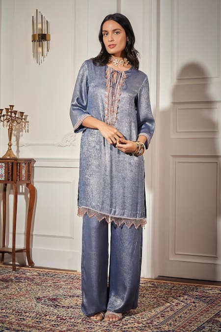 Rimple Agrawal Blue Satin Tassels, Beads Round Neck Designer Sequin Kurta Set 