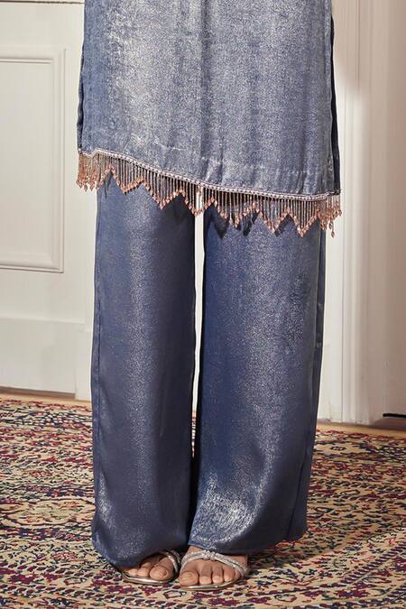 Rimple Agrawal_Blue Satin Tassels, Beads Round Neck Designer Sequin Kurta Set _Online_at_Aza_Fashions