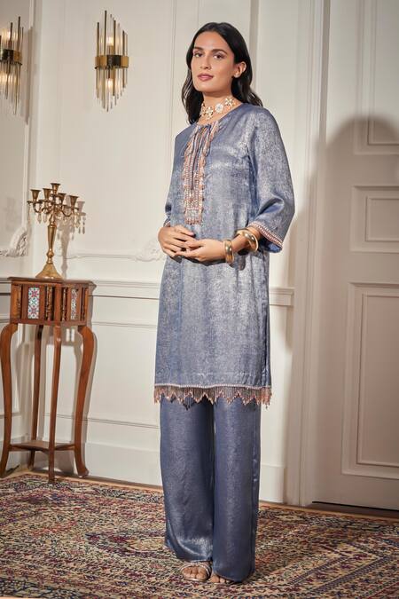 Buy_Rimple Agrawal_Blue Satin Tassels, Beads Round Neck Designer Sequin Kurta Set _Online_at_Aza_Fashions