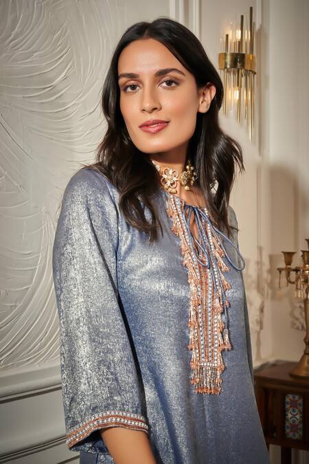 Shop_Rimple Agrawal_Blue Satin Tassels, Beads Round Neck Designer Sequin Kurta Set _Online_at_Aza_Fashions