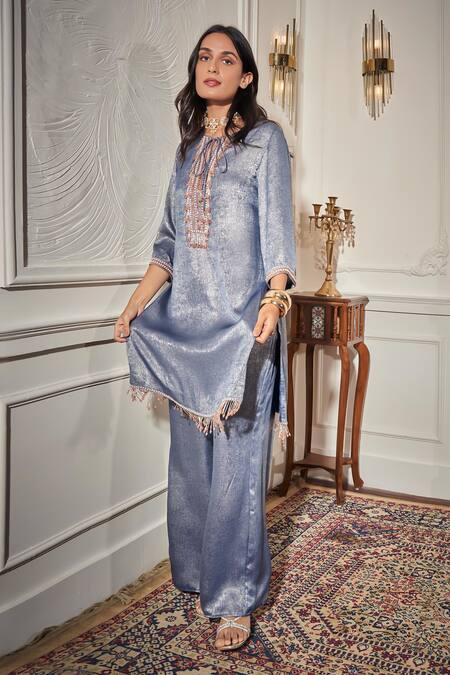 Rimple Agrawal_Blue Satin Tassels, Beads Round Neck Designer Sequin Kurta Set _at_Aza_Fashions