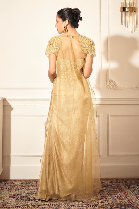 Rimple Agrawal Gold Foil Crepe Corset & Draped Skirt Set 