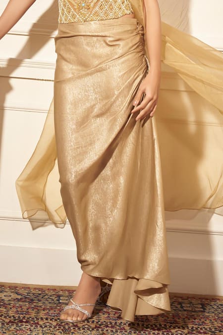Buy_Rimple Agrawal_Gold Crepe, Organza Beads, Sequins Sweetheart Foil Corset And Draped Skirt Set _Online_at_Aza_Fashions