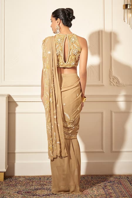 Rimple Agrawal Gold Georgette Pre-Draped Saree Set 