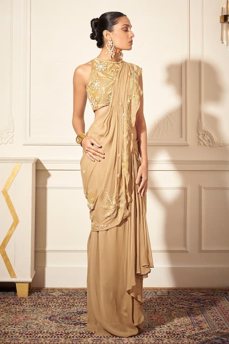 Buy_Rimple Agrawal_Gold Georgette, Net Sequins, Embroidery Round Neck Pre-draped Saree Set _Online_at_Aza_Fashions
