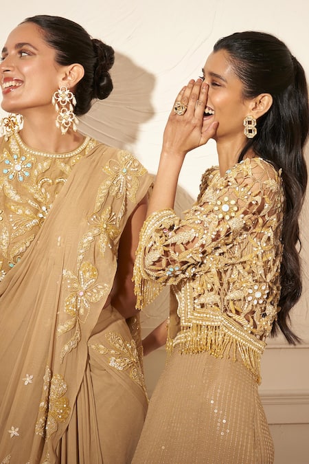 Rimple Agrawal_Gold Georgette, Net Sequins, Embroidery Round Neck Pre-draped Saree Set _at_Aza_Fashions