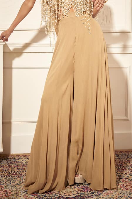 Rimple Agrawal_Gold Georgette Embroidery, Beads Round Neck Designer Pant Set _Online_at_Aza_Fashions