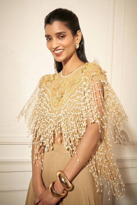 Shop_Rimple Agrawal_Gold Georgette Embroidery, Beads Round Neck Designer Pant Set _Online_at_Aza_Fashions