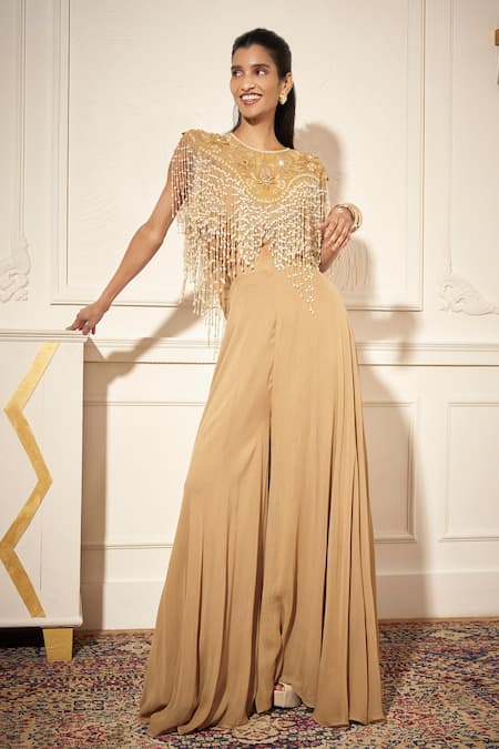 Rimple Agrawal Gold Georgette Embroidery, Beads Round Neck Designer Pant Set 
