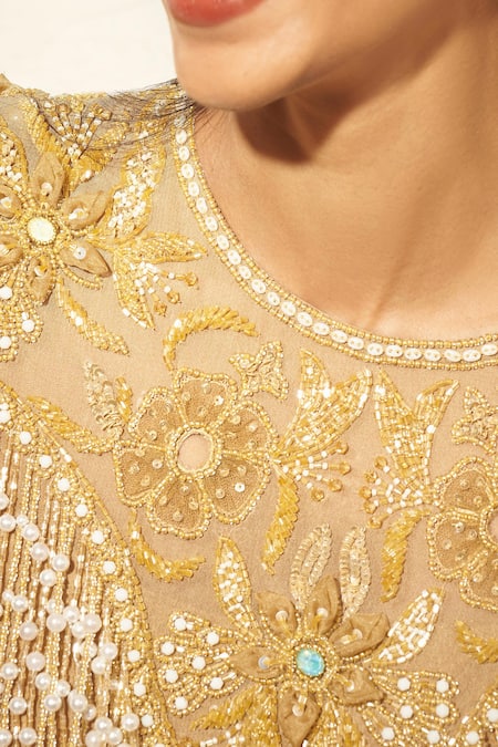 Rimple Agrawal_Gold Georgette Embroidery, Beads Round Neck Designer Pant Set _at_Aza_Fashions