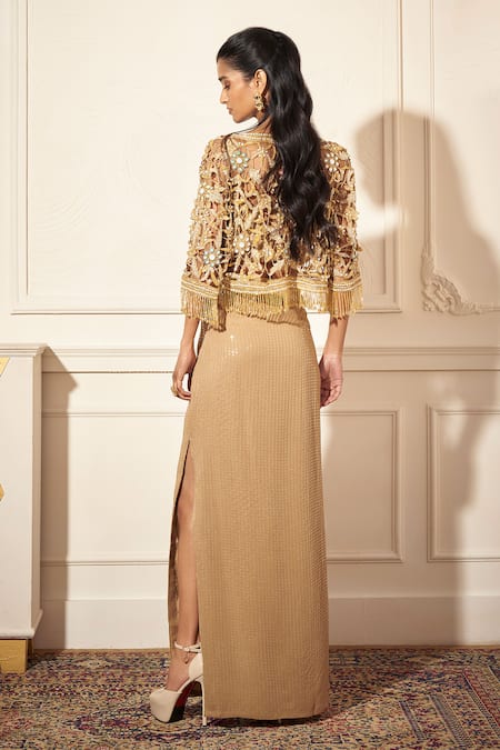 Rimple Agrawal Gold Sequin Cape Set  