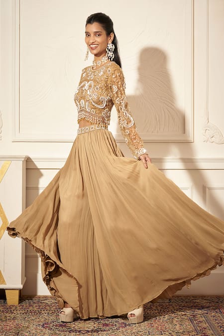 Buy Rimple Agrawal Gold Georgette, Net Sequins, Beads, Embroidery Round Neck Designer Palazzo Set Online at Aza Fashions Buy_Rimple Agrawal_Gold Georgette, Net Sequins, Beads, Embroidery Round Neck Designer Palazzo Set _Online_at_Aza_Fashions