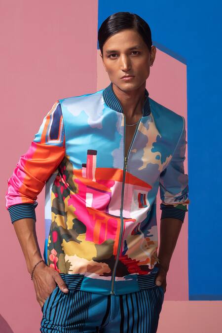 Nautanky_Multi Color Satin Beachhouse Bomber Jacket And Pant Set _at_Aza_Fashions