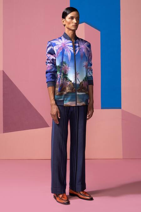 Nautanky_Blue Satin Royal Bomber Jacket And Pant Set _Online_at_Aza_Fashions