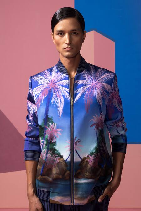 Buy_Nautanky_Blue Satin Royal Bomber Jacket And Pant Set _Online_at_Aza_Fashions